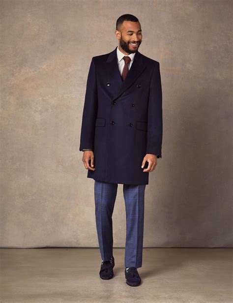 Wool Cashmere Mens Overcoat With Double Breasted In Navy