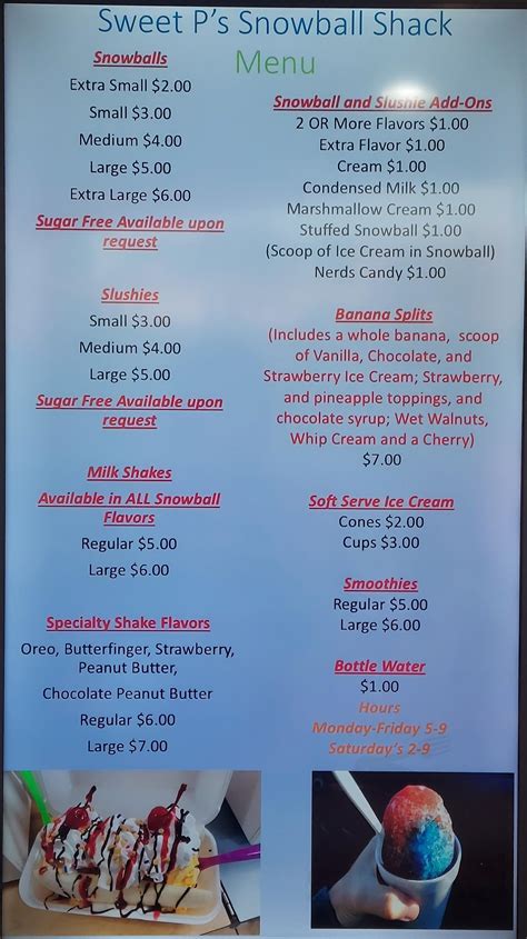 Menu for Sweet P's Snowball Shack in Clinton, TN | Sirved