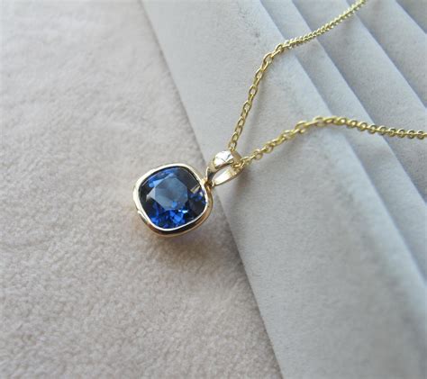 Blue Sapphire Square 14k Gold Necklace Cushion Sapphire Simple