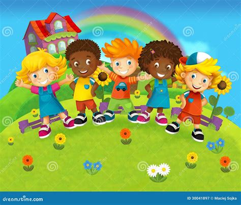 El Grupo De Niños Preescolares Felices Ejemplo Colorido Para Los