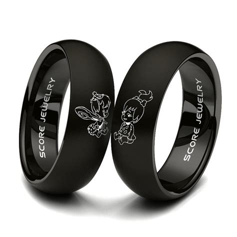 2 Piece Couple Set Black Tungsten Bands With Domed Edge Pebbles And