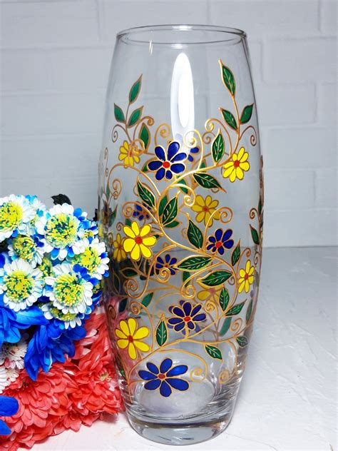 Big Glass Vase Hand Painted Blue And Yellow Flowers Personalized Birthday T Etsy Comment