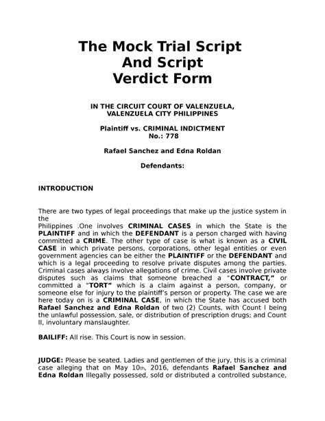 The Mock Trial Script And Script Verdict The Mock Trial Script And