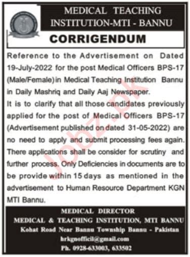 Medical Teaching Institution MTI Bannu Jobs 2022 2023 Job Advertisement