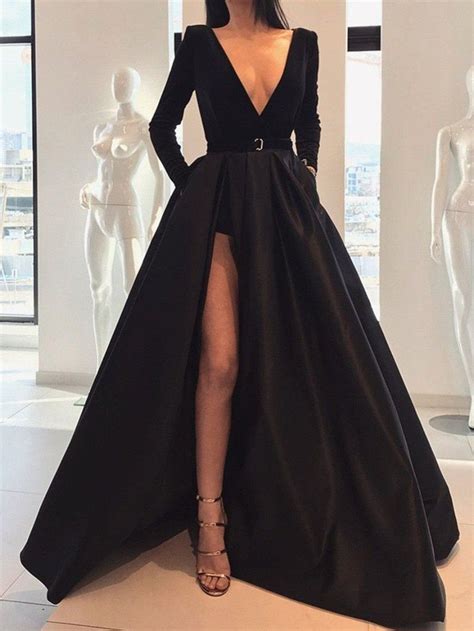 2020 Saudi Arabic Black High Side Split A Ling Prom Dresses Full Sleeves Modest Long Prom Gowns