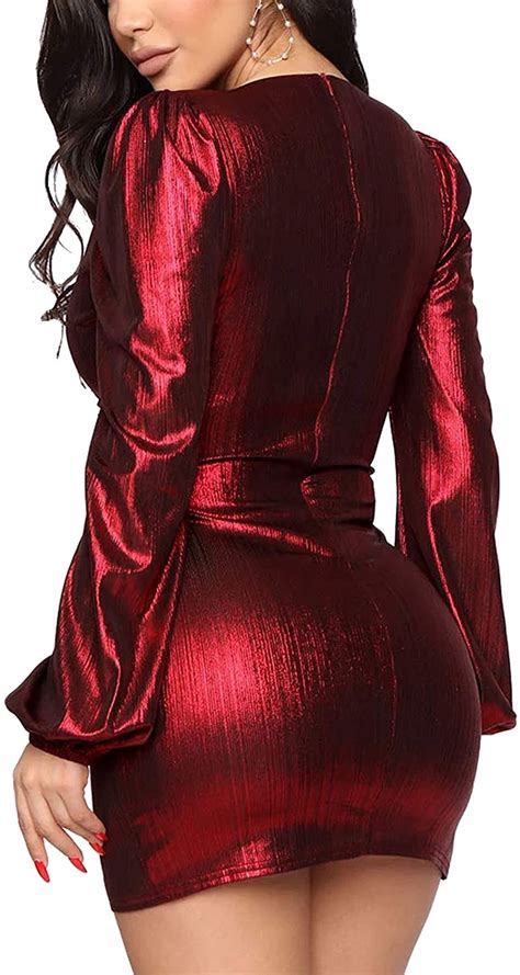Dresses For Women Sexy Ruched Sparkly Bodycon Long Sleeve Deep V Neck