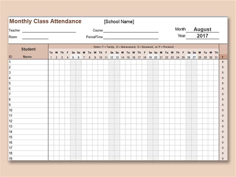 Excel Of Monthly Class Attendance Tracking Templatexlsx Wps Free