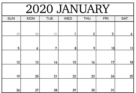 Free Editable January Calendar 2020 Blank Template