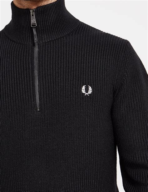 fred perry half zip ribbed knit jumper black in black for men lyst