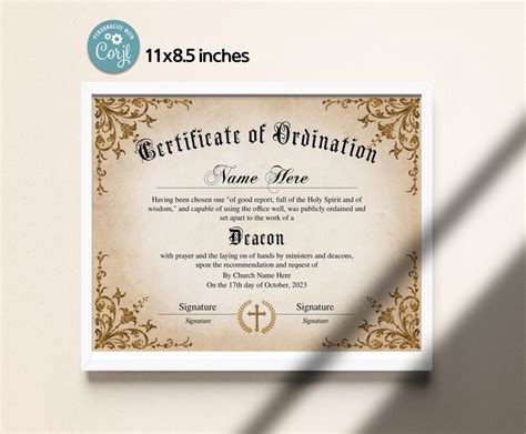 Deacon Ordination Certificate Template Printable Editable Certificate