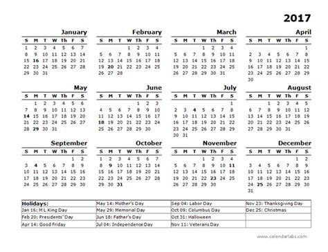 2017 Year Calendar Template Us Holidays Free Printable Templates