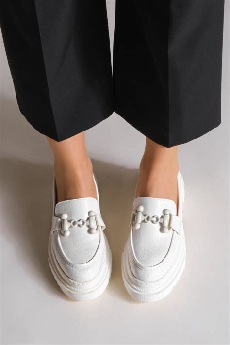 Kadın Loafer Kalın Taban Zincirli Günlük Ayakkabı Forela Beyaz