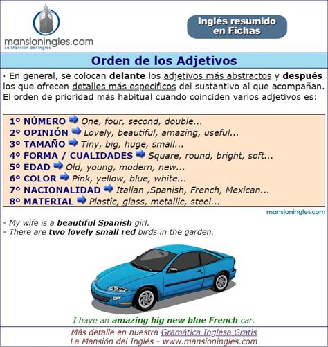 Ficha De Gramática Del Orden De Los Adjetivos En Inglés English Words