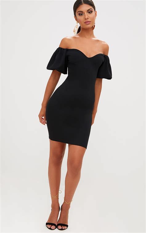 Black Puff Shoulder Bardot Bodycon Dress Dresses Prettylittlething