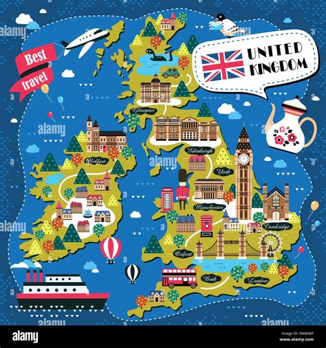 Lovely United Kingdom Travel Map Design With Attractions Stock Vector