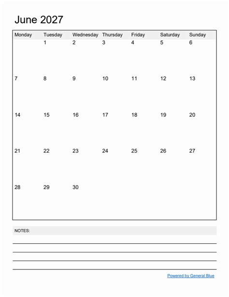 June 2027 Monday Start Calendar Pdf Excel Word