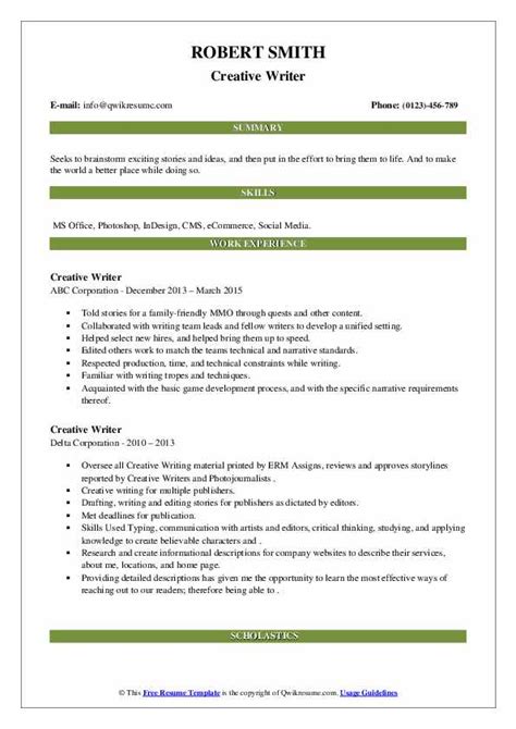 Both employer job listings and resumes from people who've held the position of creative writer tend to always include skills and requirements found in this list. Creative Writer Resume Samples | QwikResume