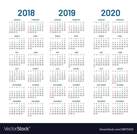 Year 2018 2019 2020 Calendar Royalty Free Vector Image