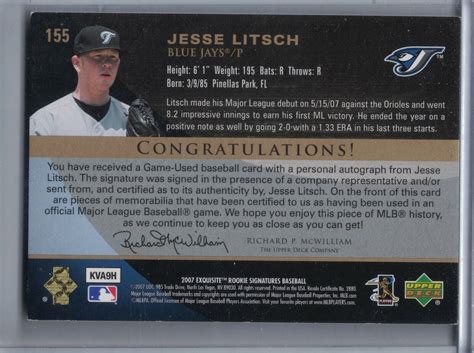 Jesse Litsch 2007 Exquisite Collection Rookie Signature Rc Auto 30199