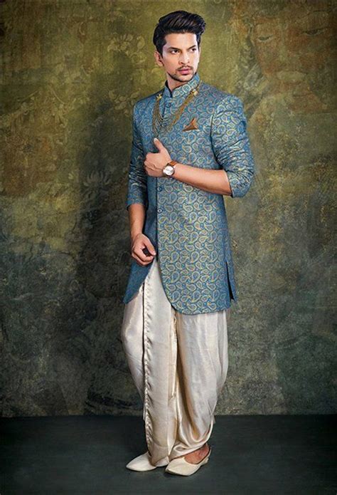 blue sherwani with silk dhoti wedding kurta for men wedding dresses men indian wedding