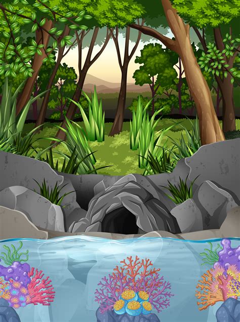 Forest Scene With Cave And Trees 430953 Vector Art At Vecteezy