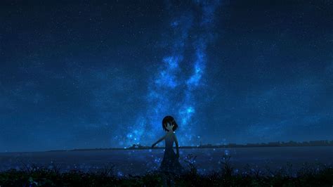 Download Wallpaper 2560x1440 Girl Night Starry Sky