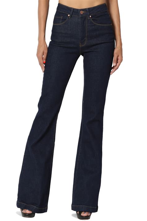 themogan women s classic high waist bell flared jeans in indigo rinced stretch denim