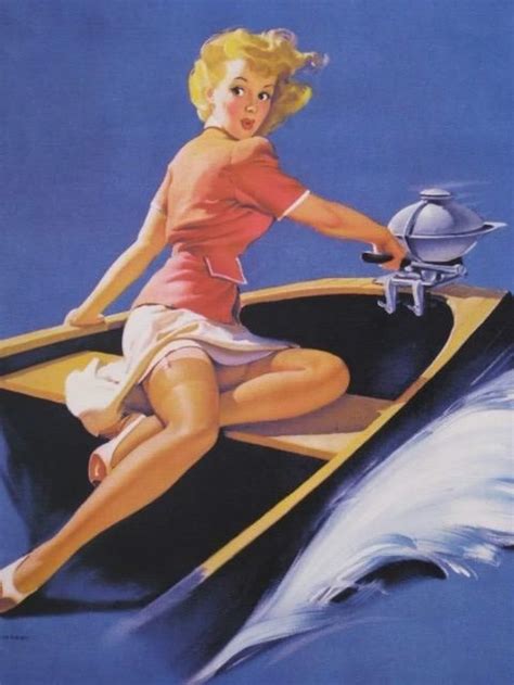 ELVGREN SAILOR GIRL In Motor Boat Pin Up Deco Bathroom Pinup 1940 S