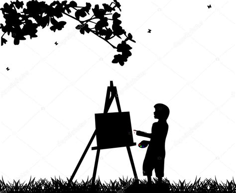 Artist Painter Boy In Park Painting Silhouette — Stock Vector © Tinica