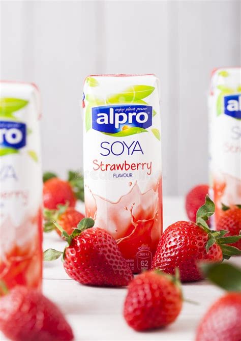 London Uk May 03 2018 Pack Of Alpro Soya Strawberry Milk Drink On Wooden Background With