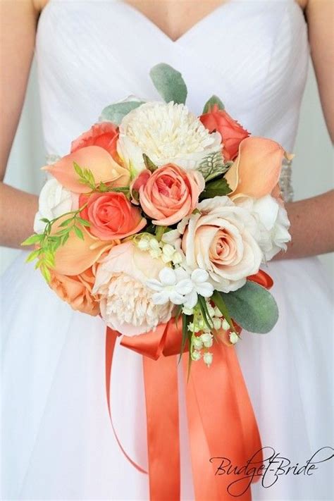 Coral And Peach Wedding Flower Brides Bouquet With Lily Of The Valley