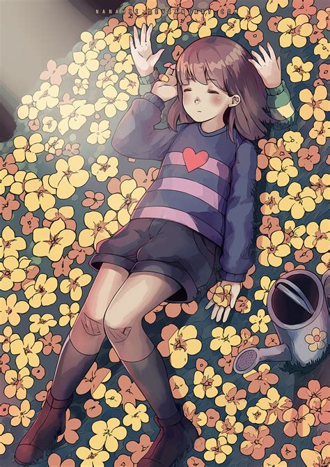 Safebooru Androgynous Brown Hair Chara Undertale Closed Eyes Flower Bed Frisk Undertale