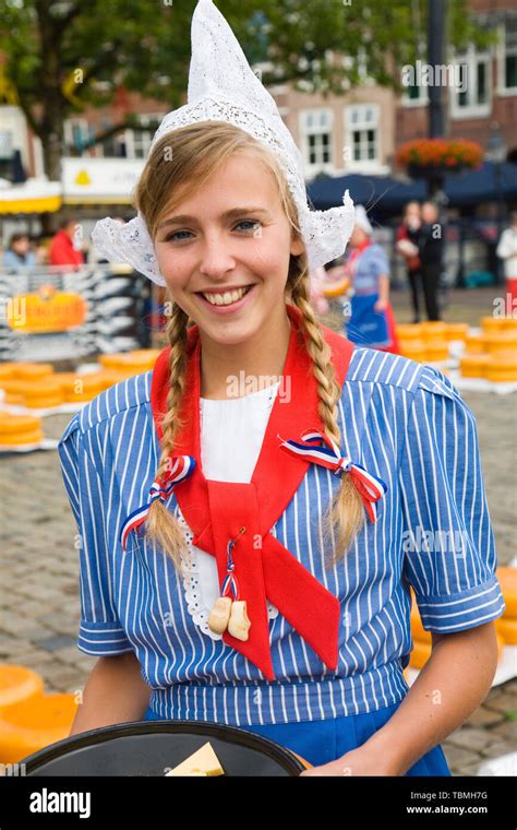 Pretty Smiling Girl In Traditional Dutch Costume Gouda Cheese Market South Holland