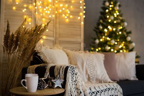 Christmas Background Cozy Interior With Decorated Christmas Tree And