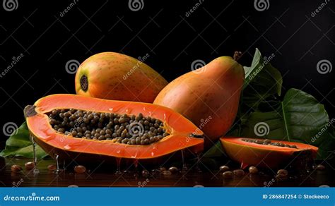 Dark Amber And Red A Tropical Symbolism Of Papaya On A Table Stock