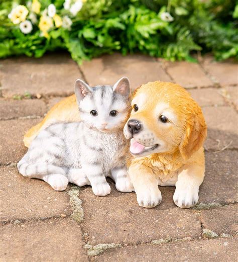 Golden Retriever Puppy With Gray Striped Kitten Sculpture