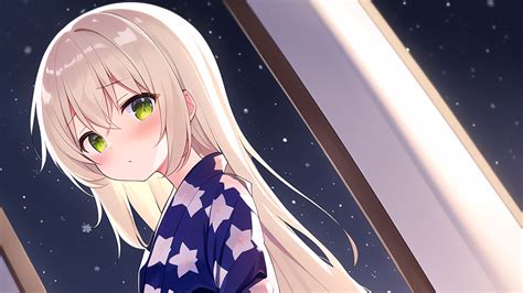 Green Eyes Anime Girl Blush Kimono Window Snowflakes Background Hd
