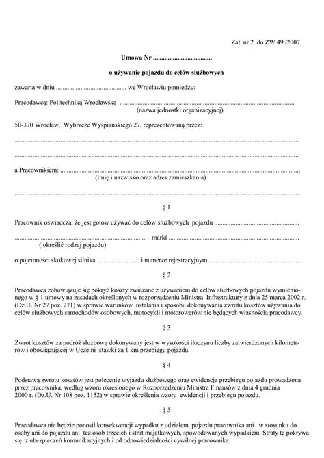 Umowa o używanie pojazdu do celów służbowych