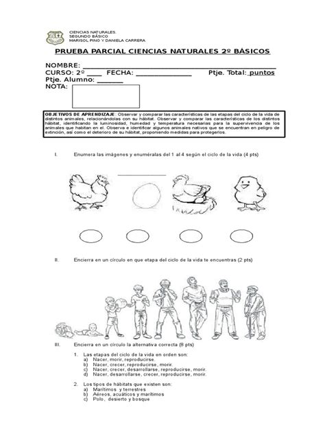 Prueba Parcial Segundo Básico Ciencias Naturales