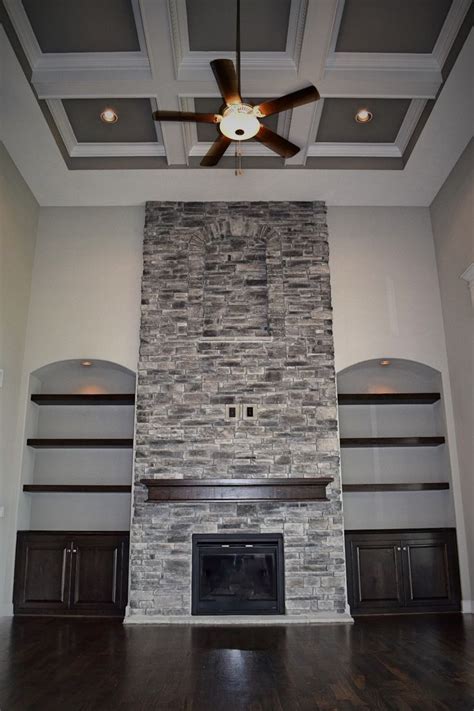 2 Story Great Room Coffered Ceiling Stone Fireplace Interior Design