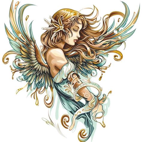 Premium Vector Celestial Serenity Cartoonstyle Angel Tattoo Illustration