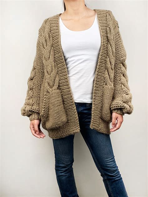 Hand Knit Oversize Woman Sweater Chunky Slouchy Dark Khaki Etsy