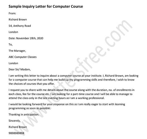 Sample Inquiry Letter For Computer Course Enquiry Letter Lettering Inquiry Book Letters
