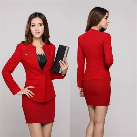 elegant red professional business women work wear 2015 autumn winter uniform office suits with