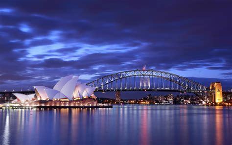australia, Sydney, Opera, House, Bridge, Evening, Lights, Buildings ...
