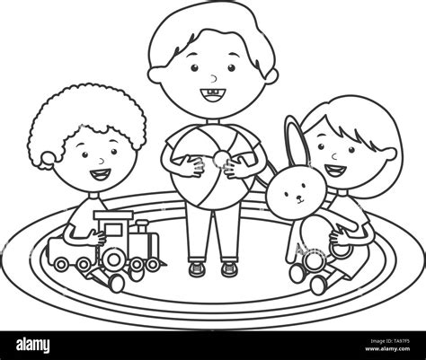 Cute Little Kids Group Playing With Toys Characters Vector Illustration