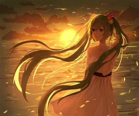 Wallpaper Illustration Sunset Anime Vocaloid Hatsune Miku Wind