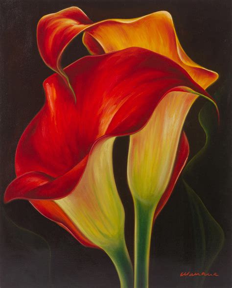 Signed Oil Painting Of Red Calla Lilies In The Darkness Two Calla