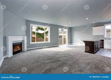 Grey House Interior Of Living Room Connected With Kitchen Room Stock