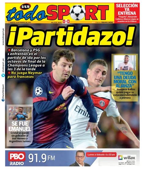 Portada impresa - Diario Todo Sport (16/02/2020) - Todo Sport